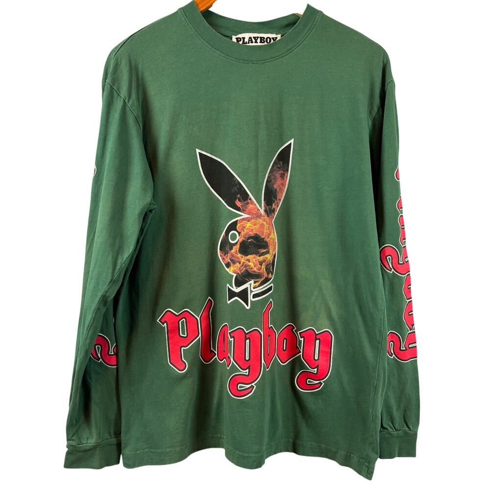 Y2K Playboy Pacsun Long Sleeve Spell Out Hunter Green Bunny Flame Graphic Large